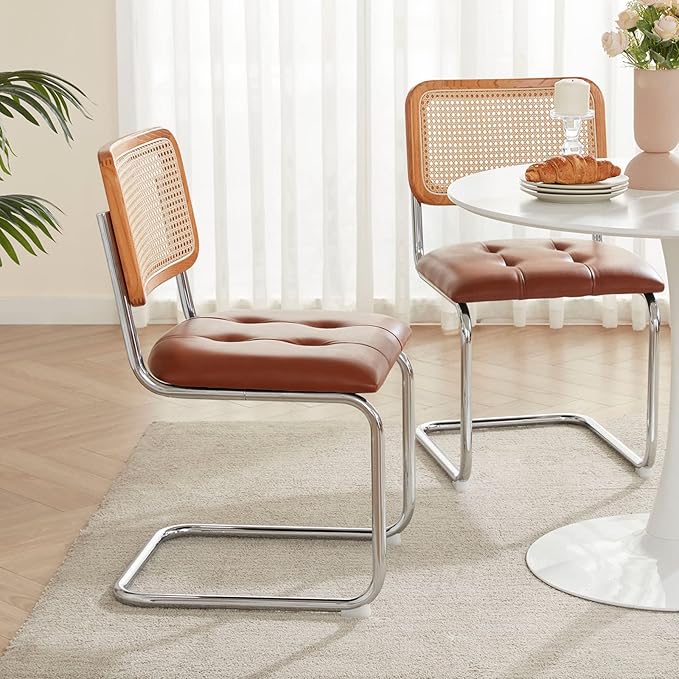Farini Kitchen Dining Chairs Set of 2,Mid-Century Modern Chair Armless Mesh Backrest Cane Rattan Chairs for Home Dining Room(Brown,PU Leather) - LeafyLoom