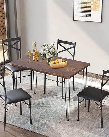 VECELO Kitchen Dining Room Table Set for Dinette, Breakfast Nook, 4 PU Metal Frame Chairs,Rectangular, Set of 5, Brown - LeafyLoom