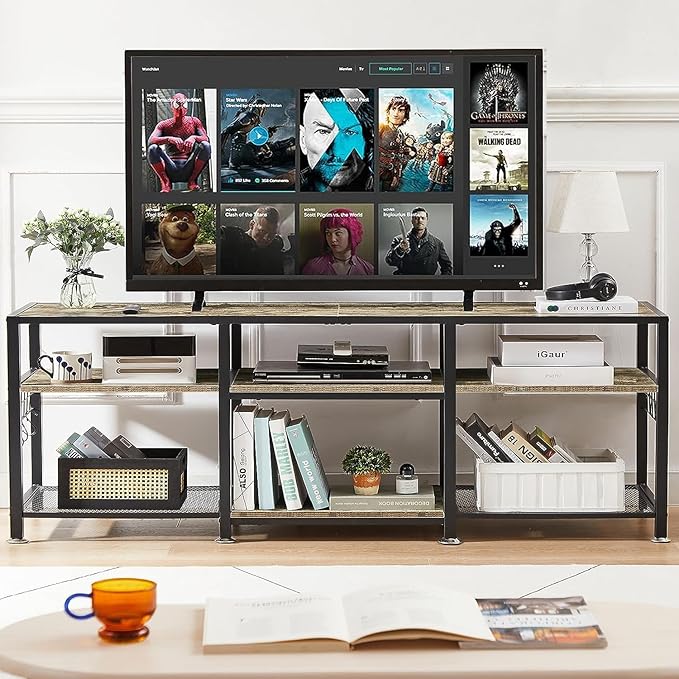 VECELO TV Stand for Televisions up to 75 Inch, Industrial Entertainment Center with 3-Tier Open Storage Shelves& Hooks for Living, Bedroom and Gaming Room, 70 Inch, Grey - LeafyLoom