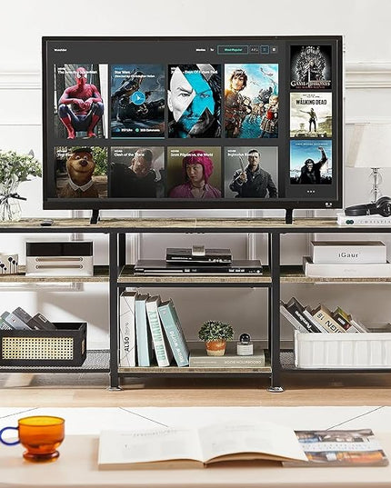 VECELO TV Stand for Televisions up to 70 Inch, Industrial Entertainment Center with 3-Tier Open Storage Shelves& Hooks for Living, Bedroom and Gaming Room, 63 Inch, Grey - LeafyLoom