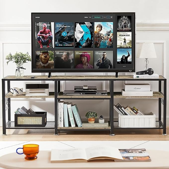 VECELO TV Stand for Televisions up to 70 Inch, Industrial Entertainment Center with 3-Tier Open Storage Shelves& Hooks for Living, Bedroom and Gaming Room, 63 Inch, Grey - LeafyLoom