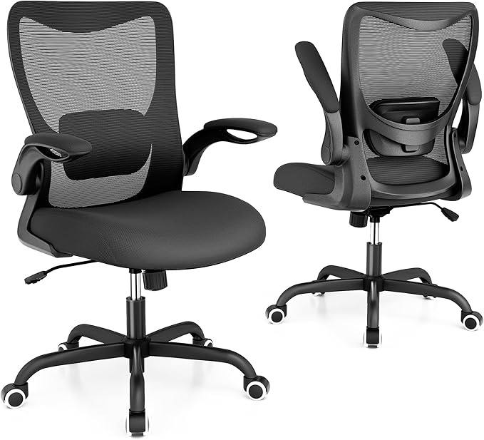 Office Chair, Ergonomic Desk Chair with Adjustable Lumbar Support and Flip up Armrest, Breathable Mesh Computer Chair for Home Office, Black - LeafyLoom