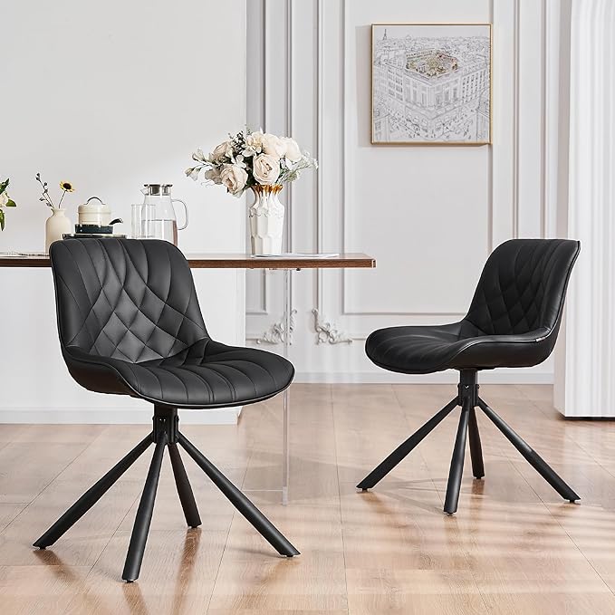 YOUNUOKE Upholstered Dining Chairs Set of 2 Comfortable Mid Century Modern Kitchen Chair with Sturdy Metal Legs Faux Leather Dinner Chairs for Kitchen Dining Room, Black - LeafyLoom