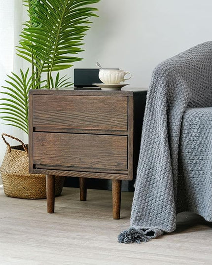 Night Stand, Mid Century Modern Nightstand w/2 Drawers, Boho Nightstand, Small Nightstand, Oak Bedroom Nightstand, Solid Wood Bedside Table, 17.72 W x 15.75 D x 19.69 H Inches(Walnut) - LeafyLoom
