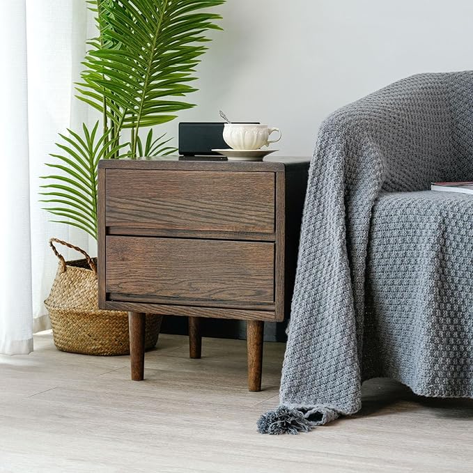Night Stand, Mid Century Modern Nightstand w/2 Drawers, Boho Nightstand, Small Nightstand, Oak Bedroom Nightstand, Solid Wood Bedside Table, 17.72 W x 15.75 D x 19.69 H Inches(Walnut) - LeafyLoom