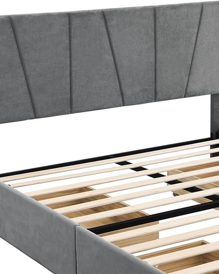Queen Size Upholstered Platform Bed Frame with 4 Storage Drawers and Adjustable Headboard, Wooden Slats Support, No Box Spring Needed, Gray - LeafyLoom