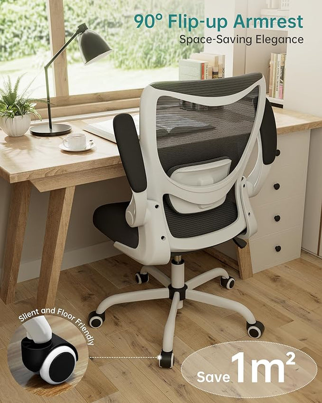Office Chair, Ergonomic Desk Chair with Adjustable Lumbar Support and Flip up Armrest, Breathable Mesh Computer Chair for Home Office, White - LeafyLoom