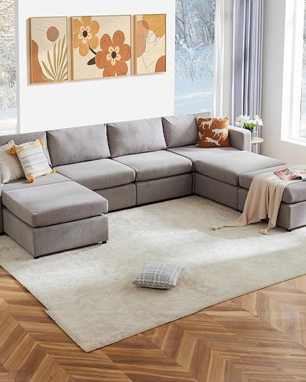 Sweetcrispy Convertible Modular Sectional Sofa, 7 Seat Sectional Couches for Living Room, U-Shaped Modern Fabric Modular Sofa Sleeper with Double Chaise for Home, Apartment, Dorm, Grey - LeafyLoom