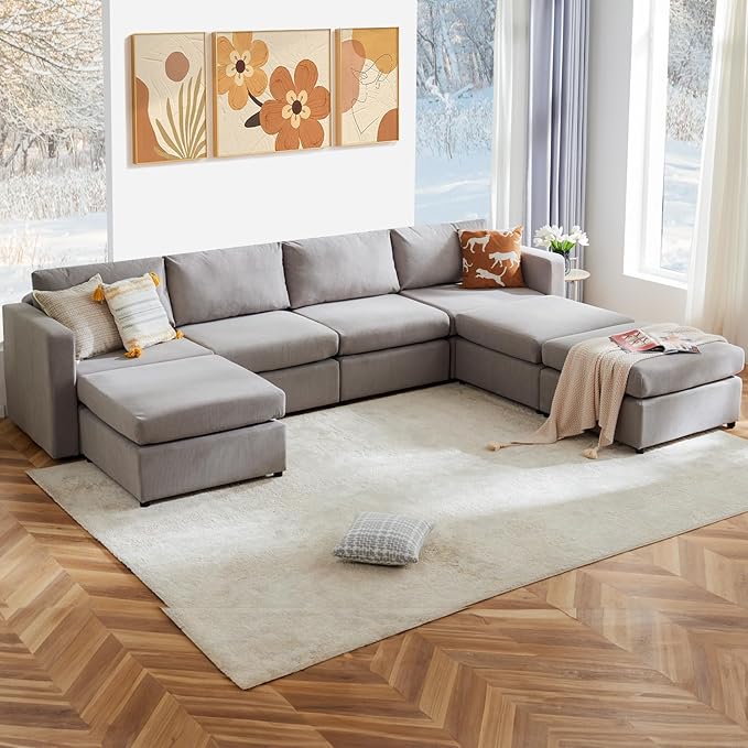 Sweetcrispy Convertible Modular Sectional Sofa, 7 Seat Sectional Couches for Living Room, U-Shaped Modern Fabric Modular Sofa Sleeper with Double Chaise for Home, Apartment, Dorm, Grey - LeafyLoom
