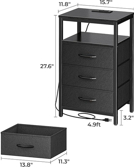 Nightstands Set of 2, 27.6 Inch End Tables with Charging Station, Side Tables with Fabric Drawers, Bedside Tables with USB Port and Outlet, Night Stands for Bedroom, Black - LeafyLoom