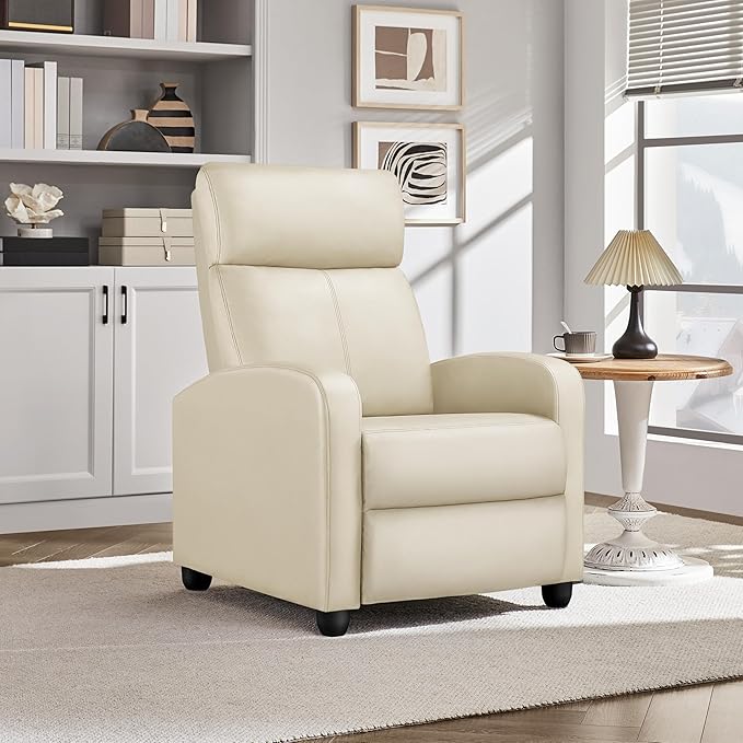 Yaheetech Recliner Chair PU Leather Recliner Sofa Home Theater Seating Adjustable Modern Single Reclining Chair Sofa with Pocket Spring Living Room Bedroom Beige - LeafyLoom