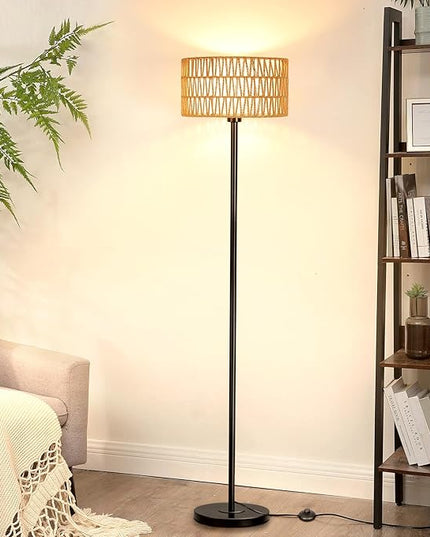 Rattan Floor Lamps for Living Room, Rattan Boho Floor Lamp, Black Metal Floor Lamp with LED Bulb, Rattan Fabric Double Shades, Farmhouse Rustic Floor Lamp, Standing Lamp for Living Room Bedroom Office - LeafyLoom
