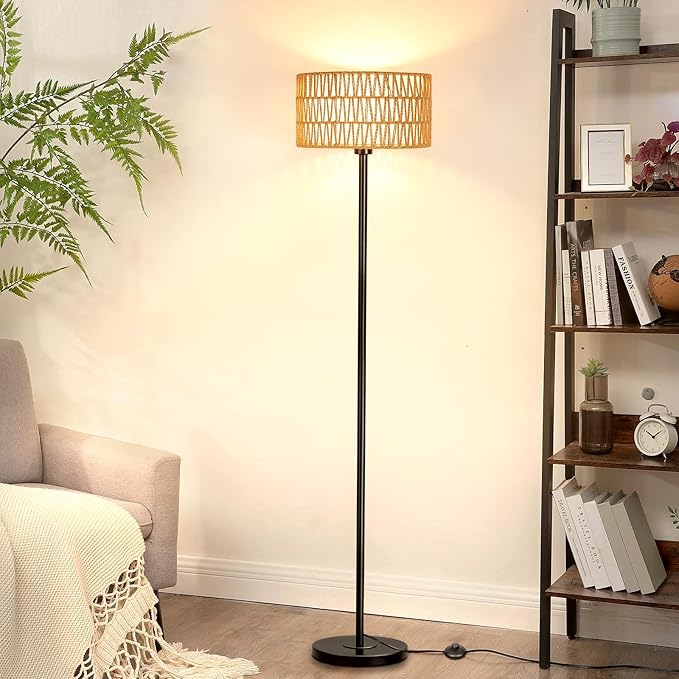 Rattan Floor Lamps for Living Room, Rattan Boho Floor Lamp, Black Metal Floor Lamp with LED Bulb, Rattan Fabric Double Shades, Farmhouse Rustic Floor Lamp, Standing Lamp for Living Room Bedroom Office - LeafyLoom