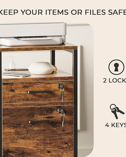 SUPERJARE File Cabinet with Lock & Charging Station, 2 Drawers Rolling Filing Cabinet, Office File Cabinet with Wheels & Open Shelf, for Home Office, A4/Letter Size Files - Rustic Brown - LeafyLoom