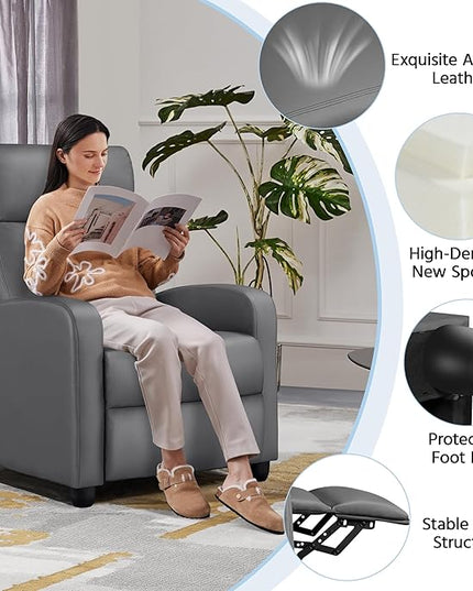 Yaheetech Recliner Chair PU Leather Recliner Sofa Home Theater Seating with Lumbar Support Overstuffed High-Density Sponge Push Silver Gray Recliners - LeafyLoom
