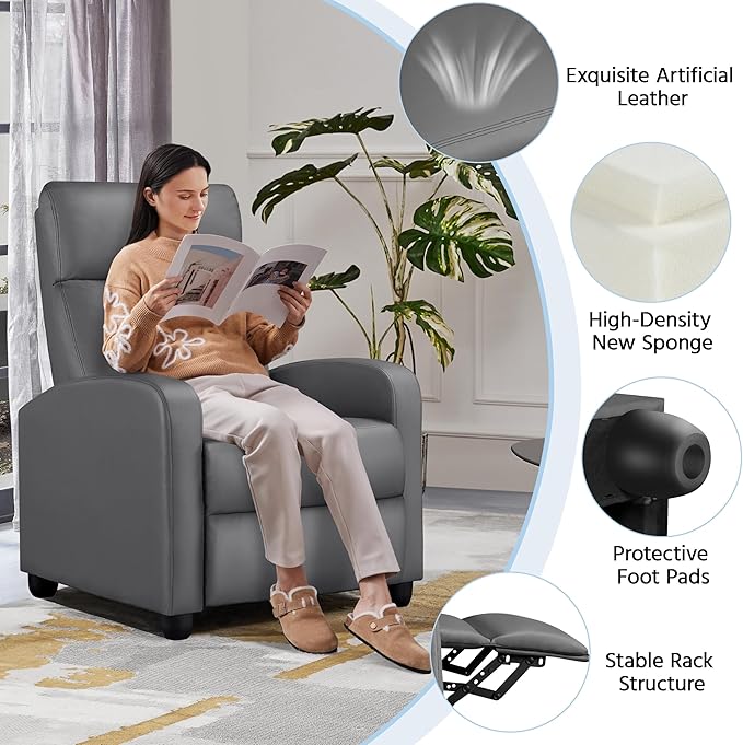 Yaheetech Recliner Chair PU Leather Recliner Sofa Home Theater Seating with Lumbar Support Overstuffed High-Density Sponge Push Silver Gray Recliners - LeafyLoom