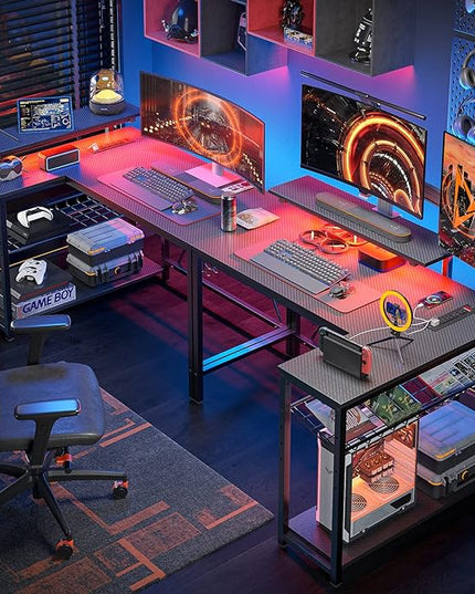 Bestier Small Gaming Desk with Power Outlets,42 L Shaped LED Computer Desk with Stand Reversible Shelves,Corner Gamer Desk with Headset Hooks USB Charging Port,Carbon Fiber Black - LeafyLoom