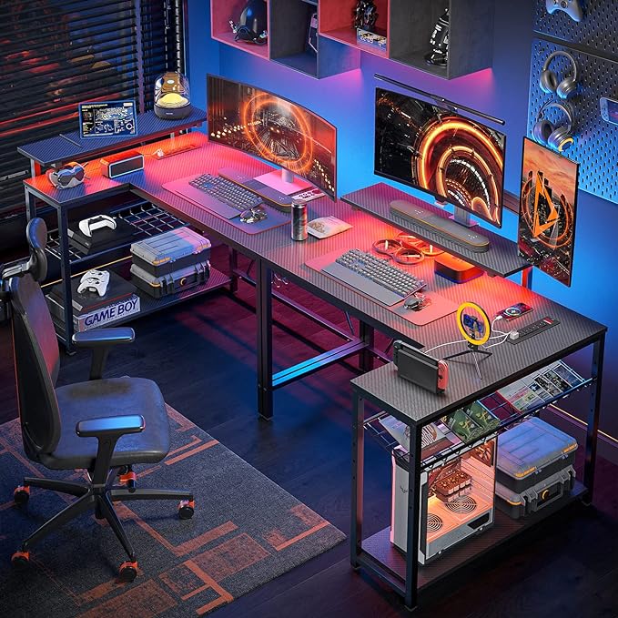 Bestier Small Gaming Desk with Power Outlets,42 L Shaped LED Computer Desk with Stand Reversible Shelves,Corner Gamer Desk with Headset Hooks USB Charging Port,Carbon Fiber Black - LeafyLoom