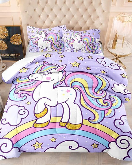 Axolotl Rainbow Unicorn Bedding Set Full,Purple Unicorn Kids Comforter Sets with Stars Cloud for Girls,1 Quilt with 2 Pillowcases for Girls Kids Teens Children Adults Bedroom Decor All Season - LeafyLoom