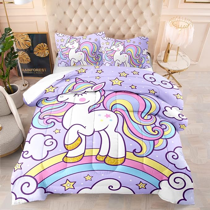 Axolotl Rainbow Unicorn Bedding Set Full,Purple Unicorn Kids Comforter Sets with Stars Cloud for Girls,1 Quilt with 2 Pillowcases for Girls Kids Teens Children Adults Bedroom Decor All Season - LeafyLoom
