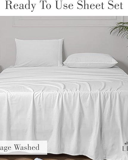 Linen Home Washed Cotton Percale Full Sheet Set, White, Deep Pocket, 4 Pieces Bed Sheets - 1 Flat Sheet, 1 Fitted Sheet & 2 Envelope Closure Pillowcases, Cool and Comfortable Bed Linen - LeafyLoom