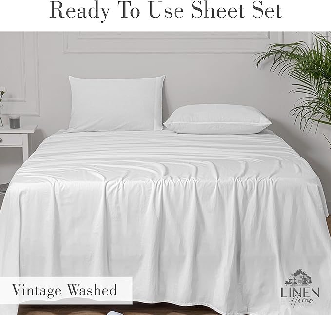 Linen Home Washed Cotton Percale King Sheet Set, White, Deep Pocket, 4 Pieces Bed Sheets - 1 Flat Sheet, 1 Fitted Sheet & 2 Envelope Closure Pillowcases, Cool and Comfortable Bed Linen - LeafyLoom