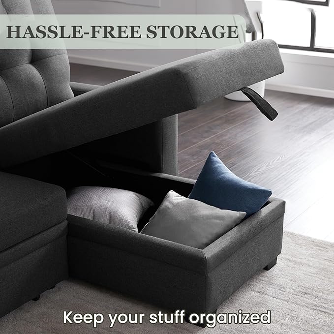 L Shape Sleeper Sofa Bed with Storage, Large Full Size Pull Out Sectional Couch, Futon Chaise Lounge Recliner for Living Room, Apartment, Bedroom, Office, Dark grey - LeafyLoom