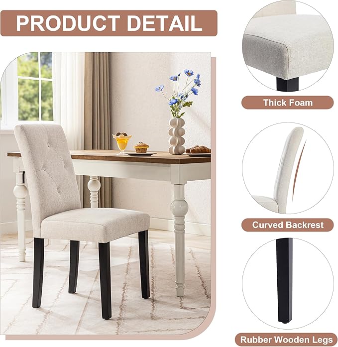 VECELO Upholstered Dining Chairs Set of 4 Modern Fabric and Solid Wood Legs & High Back, Parsons for Kitchen/Living Room-Beige - LeafyLoom