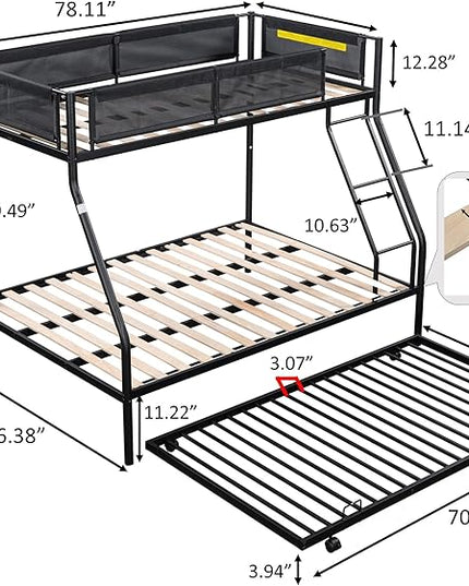 Twin over Full Metal Bunk Bed with Trundle,Sturdy-Metal Bed-Frame,Noise-Free Wood Slats,Comfortable Textilene Guardrail,Space-saving Trundle,Bunk-Bed for Three,No Box Spring Needed,Black - LeafyLoom