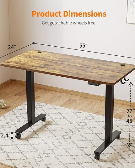 Cubiker 55 x 24 Inch Standing Desk, Stand up Height Adjustable Home Office Electric Table, Sit Stand Desk with Splice Board, Black Frame & Rustic Brown Desktop - LeafyLoom