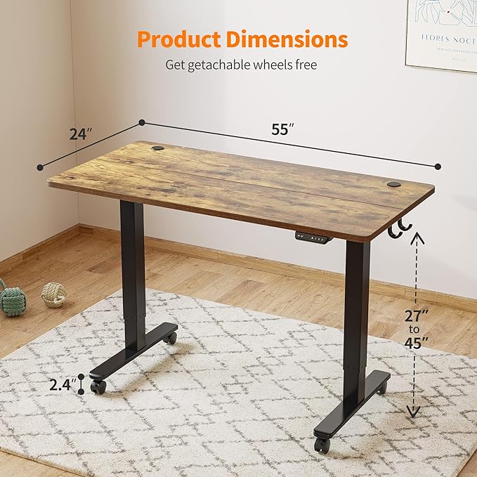 Cubiker 55 x 24 Inch Standing Desk, Stand up Height Adjustable Home Office Electric Table, Sit Stand Desk with Splice Board, Black Frame & Rustic Brown Desktop - LeafyLoom