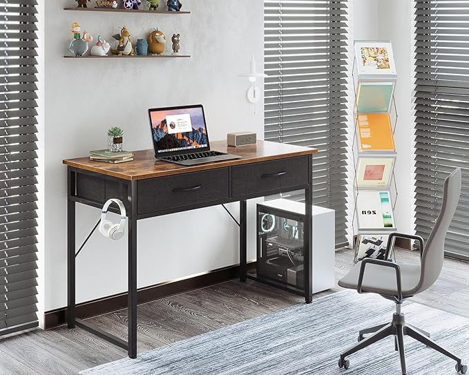 ODK 40 Inch Small Desk with Fabric Drawers- for Bedroom, Vanity Desk with Storage, Home Office Computer Desk for Small Spaces, Modern Work Writing Study Table, Vintage - LeafyLoom