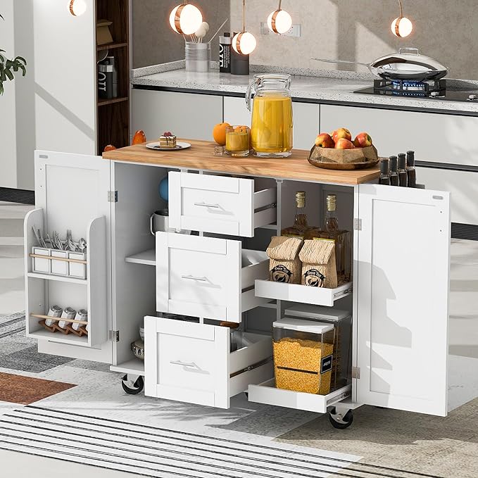 50Inch Rolling Kitchen Island Cart with Internal Cabinet, 3 Drawers and Storage Shelf, Kitchen-Island Table on Wheels w/Rubber Wood Top, Spice Rack, for Dining Room House Bar - LeafyLoom