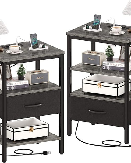 SUPERJARE Nightstand Set of 2, Bed Side Tables with Charging Station, Adjustable Fabric Drawer, Night Stand for Bedroom, 3-Tier Storage End Tables, for Living Room - Charcoal Gray - LeafyLoom