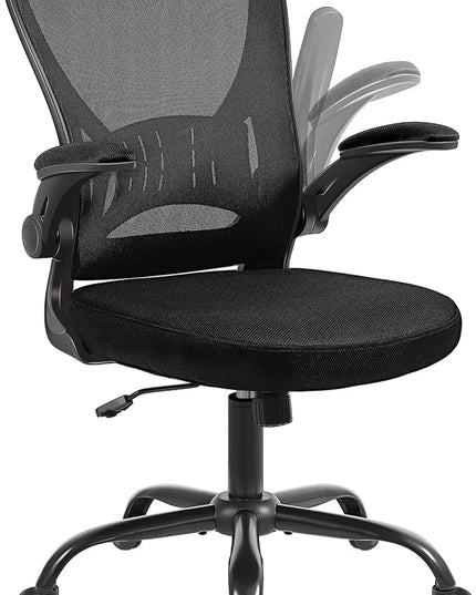 Mesh Office Chair, Ergonomic Computer Chair with Flip-up Arms and Lumbar Support, Height Adjustable Home Office Desk Chairs, Black - LeafyLoom