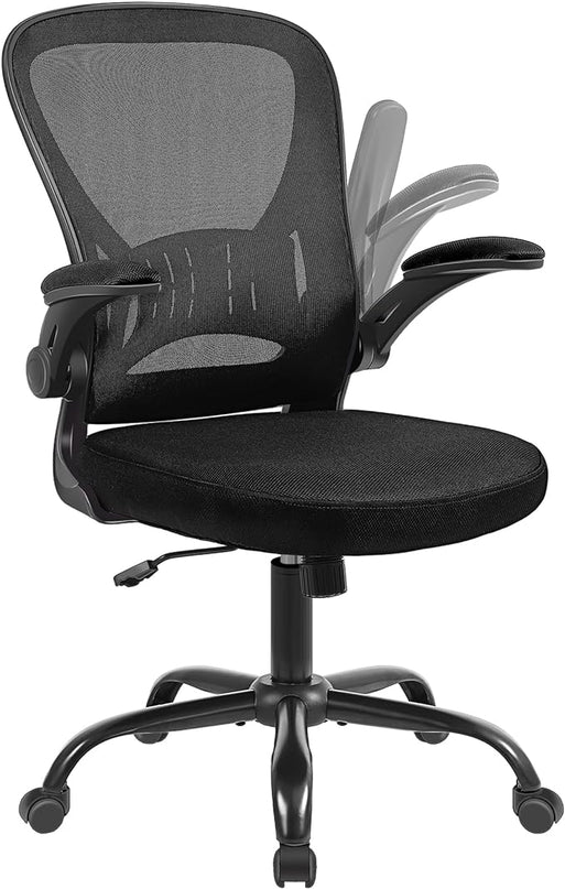 Mesh Office Chair, Ergonomic Computer Chair with Flip-up Arms and Lumbar Support, Height Adjustable Home Office Desk Chairs, Black - LeafyLoom