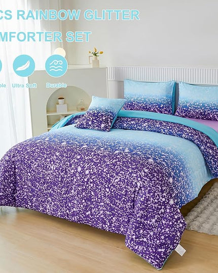PERFEMET Queen Comforter Set with Sheets, 6 Pcs Blue Purple Girls Bedding Set, Tie Dye Rainbow Comforter for Queen Size Bed, Colorful Ombre Bedroom Decor Bed in A Bag for Teens Girls - LeafyLoom
