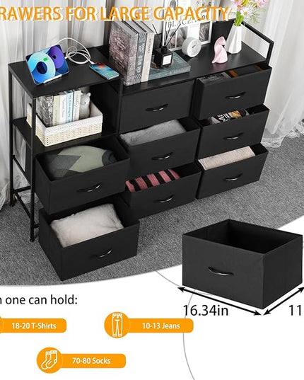 MOOACE TV Stand with Charging Station, 52'' Long TV Stand with 8 Storage Drawers and Open Shelves, Chests, Dresser for Bedroom, Living Room, Black - LeafyLoom
