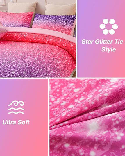 A Nice Night Girls Comforter Set Twin Size 6 Piece Bed in A Bag 3D Colorful Sparkle Galaxy Rainbow Bedding Comforter Sheet Sets for Kids,RedPurple - LeafyLoom