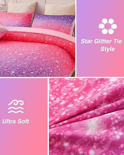 A Nice Night Girls Comforter Set Full 6 Piece Bed in A Bag 3D Colorful Sparkle Galaxy Rainbow Bedding Comforter Sheet Sets for Kids,RedPurple - LeafyLoom