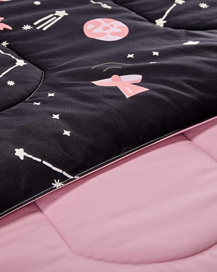 SLEEP ZONE Kids Twin Bedding Comforter Set - Super Cute & Soft Kids Bedding 5 Pieces Set with Comforter, Sheet, Pillowcase & Sham (Pink Galaxy) - LeafyLoom