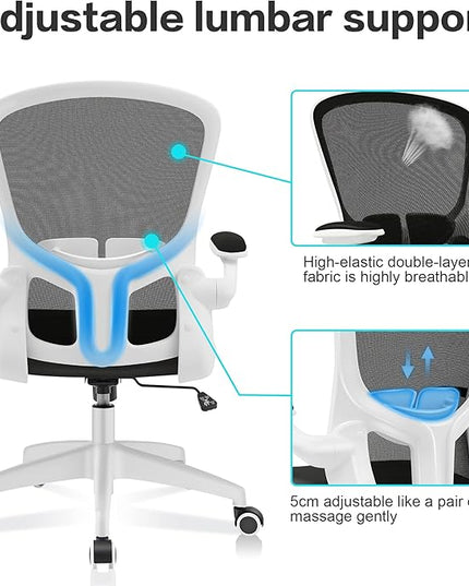 FelixKing Office Desk Chairs, Ergonomic PC Desk Chair with Wheels, Adjustable Lumbar Support and Height, Swivel Computer Chair with Flip-up Armrests, Ergo Mesh Backrest for Working (White) - LeafyLoom