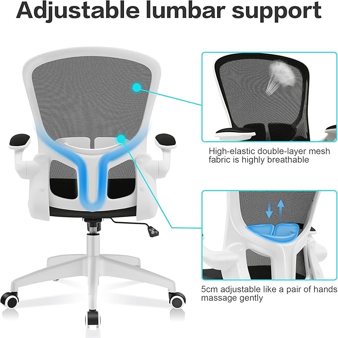 FelixKing Office Desk Chairs, Ergonomic PC Desk Chair with Wheels, Adjustable Lumbar Support and Height, Swivel Computer Chair with Flip-up Armrests, Ergo Mesh Backrest for Working (White) - LeafyLoom
