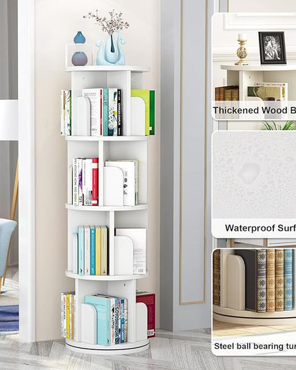 Rotating Bookshelf 51.2", White Wood Bookcase for Kids and Adults, 360 Display 4 Tier Small Corner Book Shelf Organizer, Floor Standing Storage Rack for Bedroom, Living Room, White - LeafyLoom
