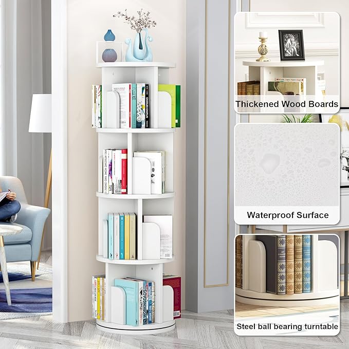 Rotating Bookshelf 51.2", White Wood Bookcase for Kids and Adults, 360 Display 4 Tier Small Corner Book Shelf Organizer, Floor Standing Storage Rack for Bedroom, Living Room, White - LeafyLoom