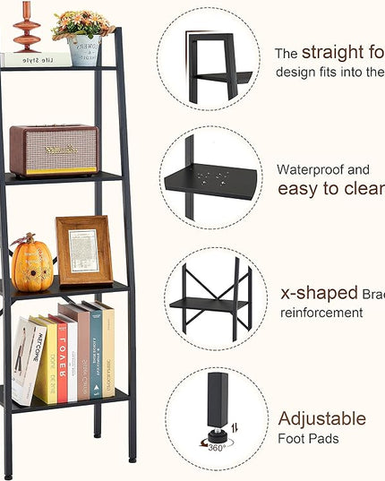 Hoctieon Ladder Shelf Bookcase, 4-Tier Ladder Bookshelf, Tall Bookshelf with Metal Frame, Industrial Bookshelf Ladder, for Living Room, Kitchen, Home Office, Bedroom, Simple Assembly, Black - LeafyLoom