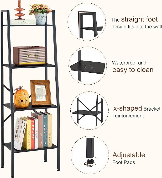 Hoctieon Ladder Shelf Bookcase, 4-Tier Ladder Bookshelf, Tall Bookshelf with Metal Frame, Industrial Bookshelf Ladder, for Living Room, Kitchen, Home Office, Bedroom, Simple Assembly, Black - LeafyLoom