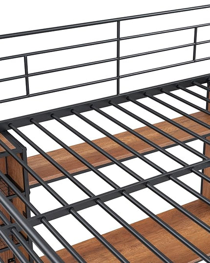 RITSU Full Size Loft Bed with Desk and Storage Shelves, Metal BedFrame,w/Ladder & Fenced Around Guardrails, Easy Assembly, for Adults, Kids, Teens, Black - LeafyLoom