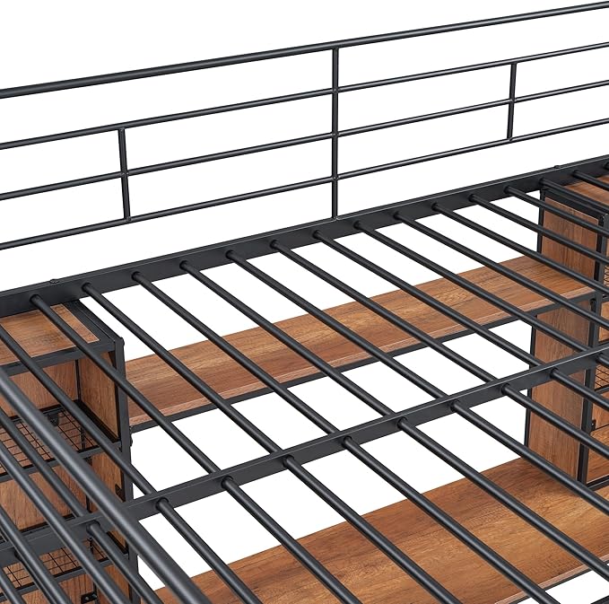 RITSU Full Size Loft Bed with Desk and Storage Shelves, Metal BedFrame,w/Ladder & Fenced Around Guardrails, Easy Assembly, for Adults, Kids, Teens, Black - LeafyLoom