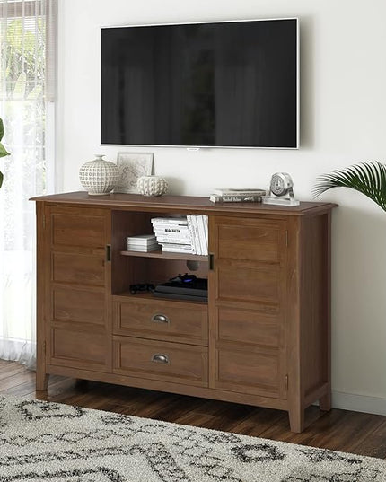 SIMPLIHOME Burlington SOLID WOOD Universal TV Media Stand, 54 inch Wide, Transitional, Living Room Entertainment Center, Storage Shelves and Cabinets, for TVs up to 60 inches in Medium Saddle Brown - LeafyLoom